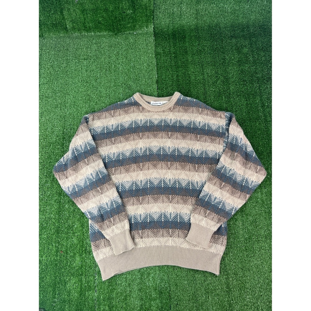 Claiborne Mens Medium Cotton Crewneck Sweater Geometric Chevron Knit Made in USA